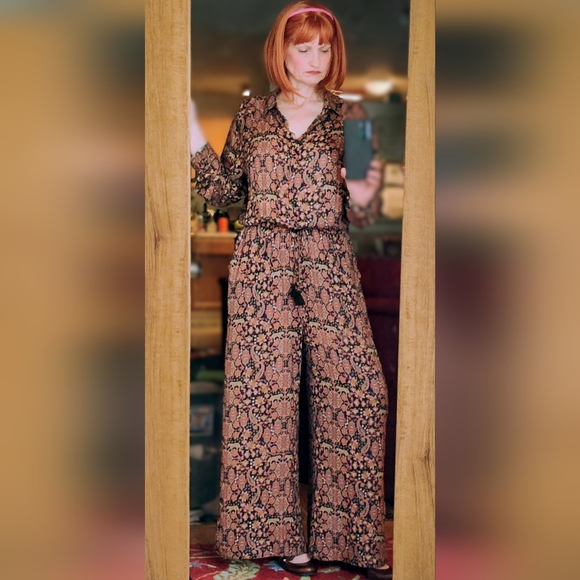 Johnny Was Black/ Burnt Orange  Jumpsuit With Tie EUC Size M - Picture 3 of 6